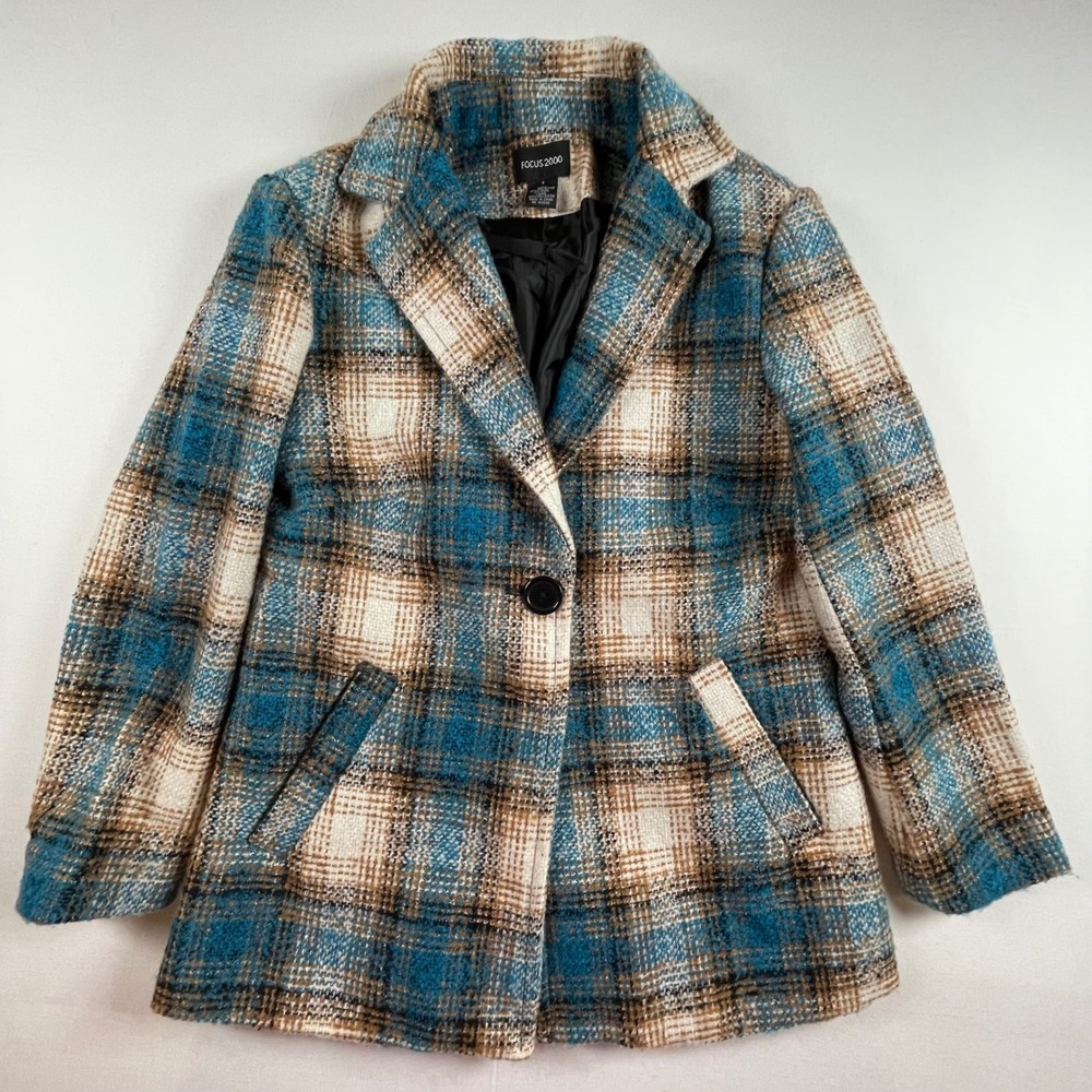 FOCUS 2000 Women's Plaid Blazer Jacket Teal Blue Brown Tweed Wool Blend Size‎ 6 - Picture 3 of 7